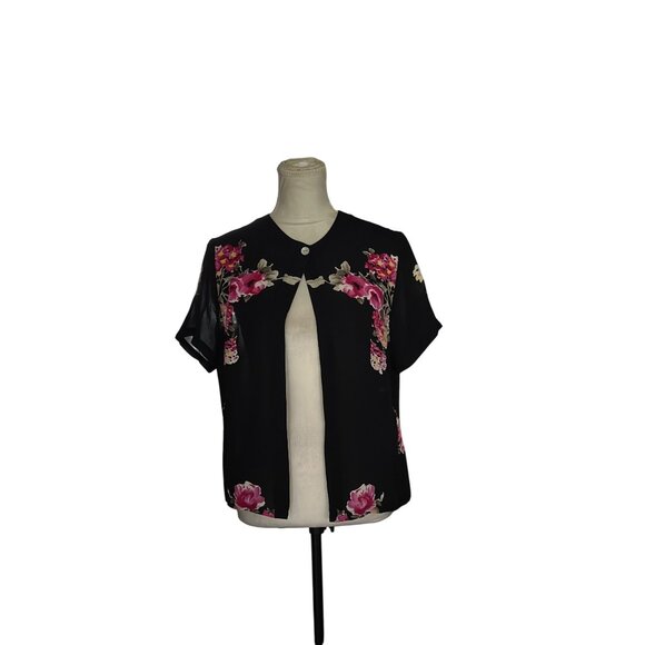 Casual Corner Black Floral Silk Open-Front Short Sleeve Blouse Button Closure  L - Picture 1 of 8